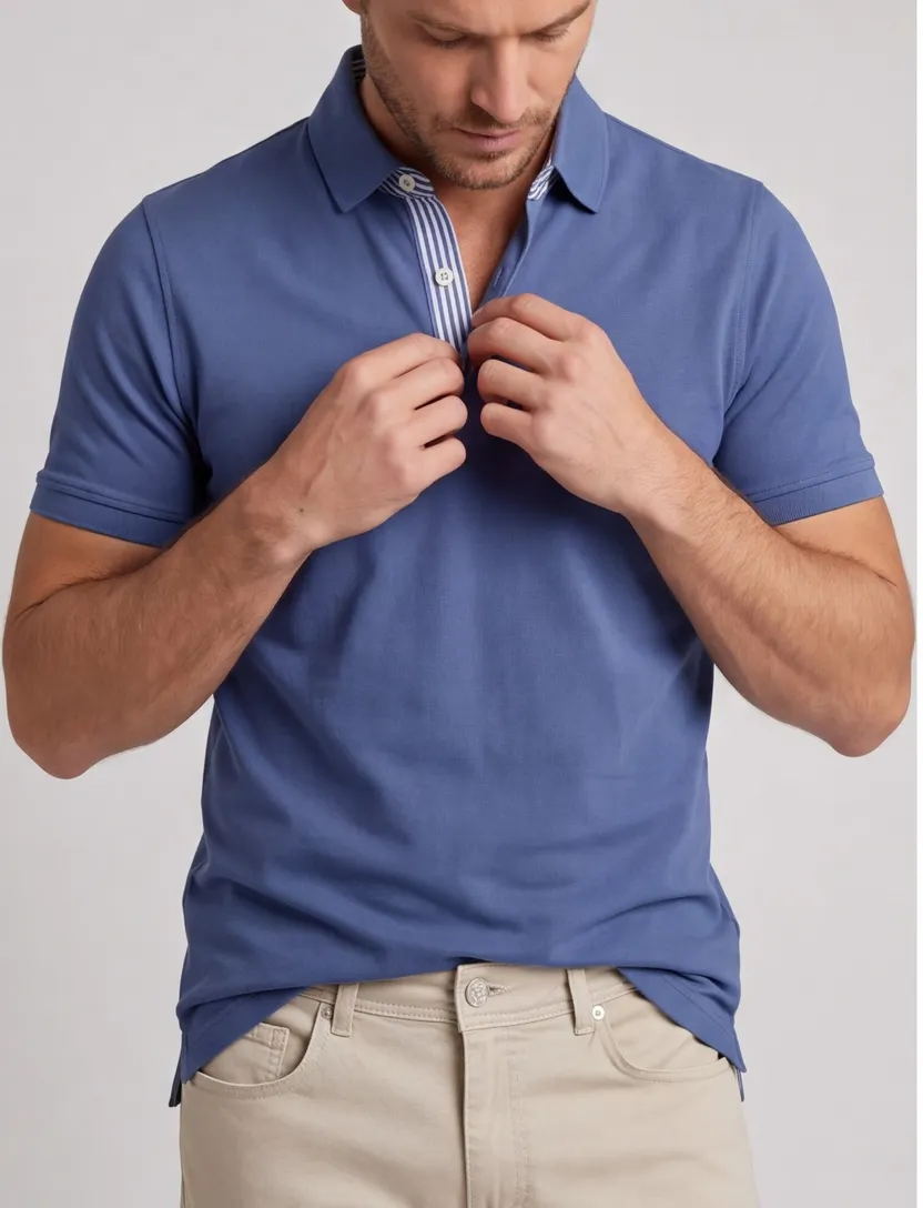 Poloshirt korte mouw Portofino middenblauw 3 knoops pique