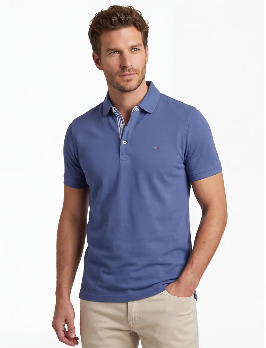 Portofino poloshirt korte mouw middenblauw 3 knoops pique