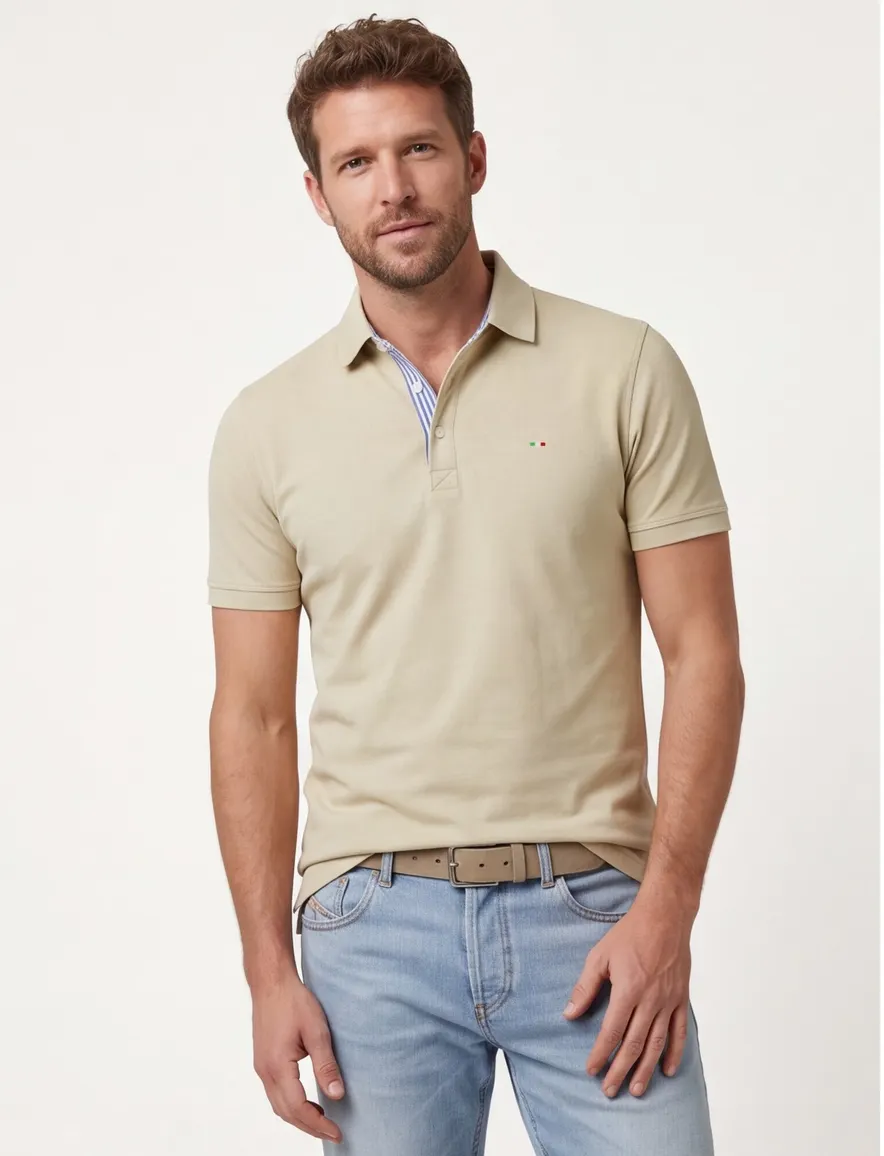 Portofino poloshirt korte mouw beige pique 3 knoops