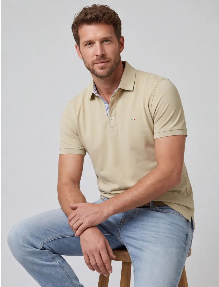 Portofino poloshirt korte mouw beige pique 3 knoops