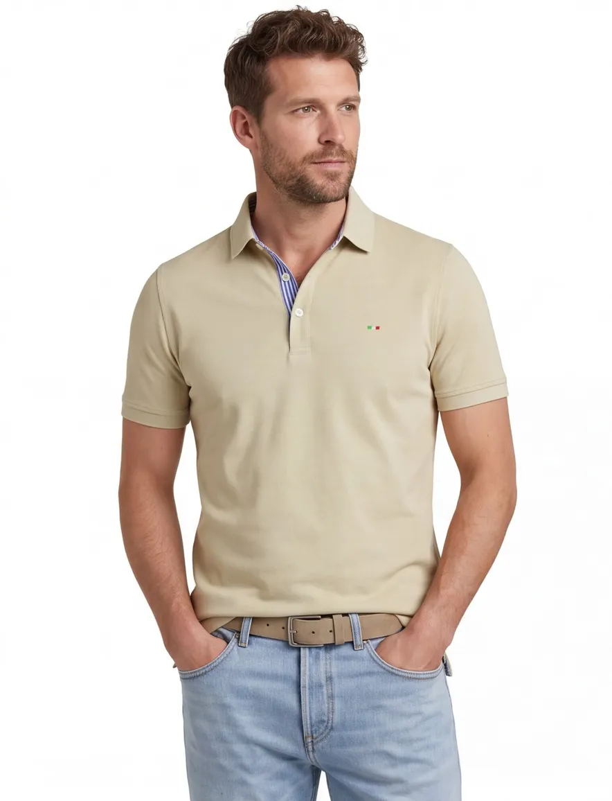 Portofino poloshirt korte mouw beige pique 3 knoops