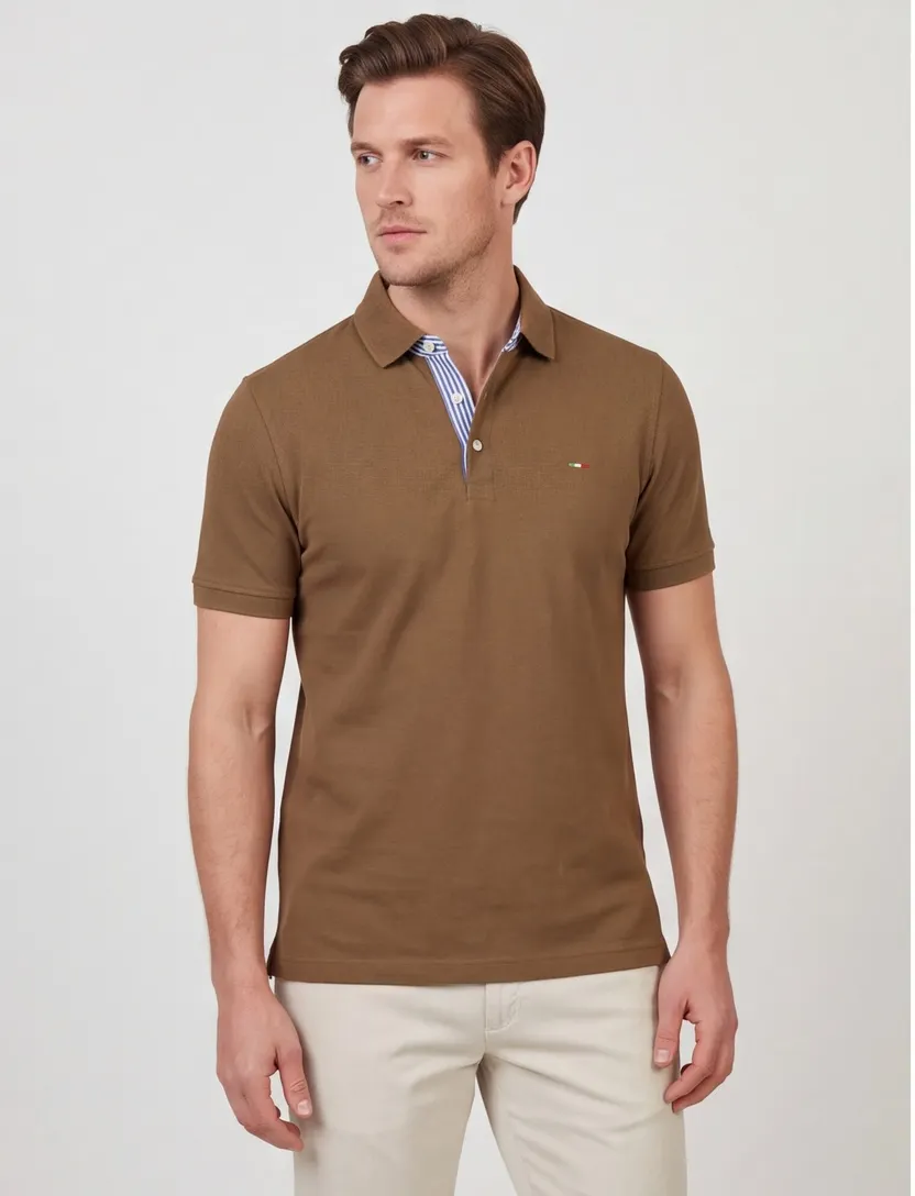 Poloshirt korte mouw Portofino bruin pique 3 knoops
