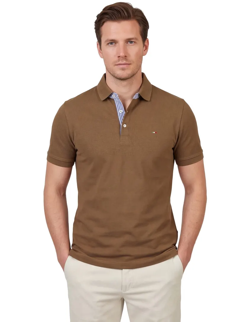 Poloshirt korte mouw Portofino bruin pique 3 knoops
