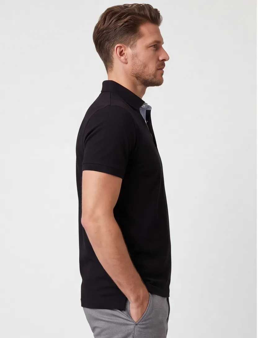 Poloshirt korte mouw Portofino zwart 3 knoops pique