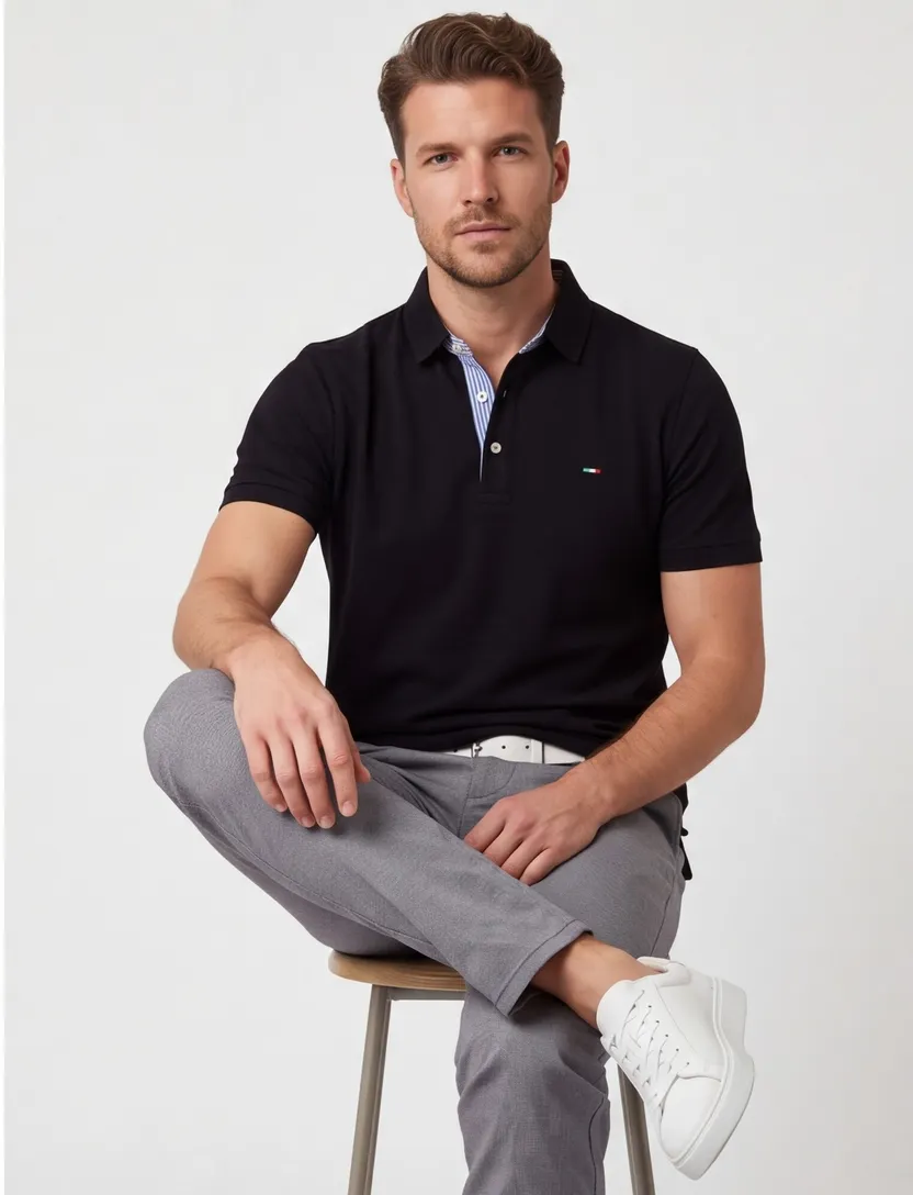 Poloshirt korte mouw Portofino zwart 3 knoops pique