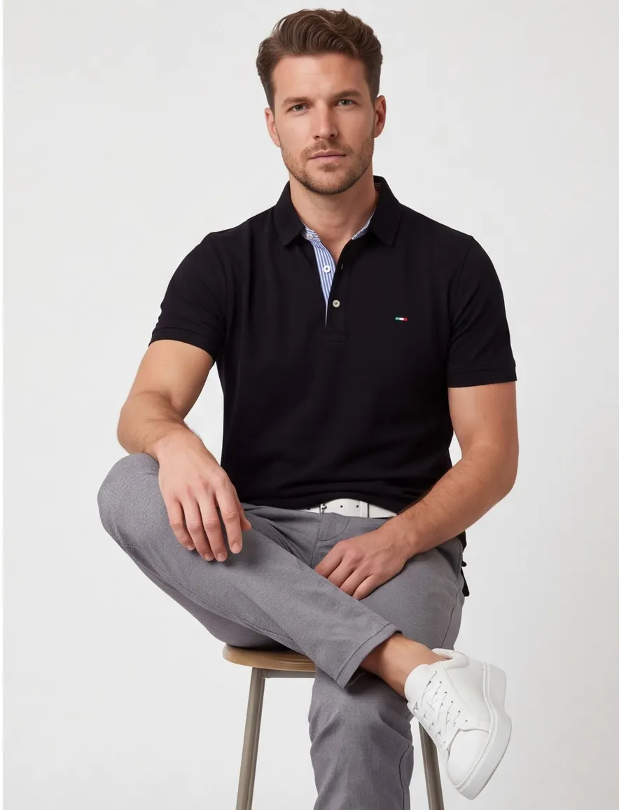 Poloshirt korte mouw zwart Portofino 3 knoops pique