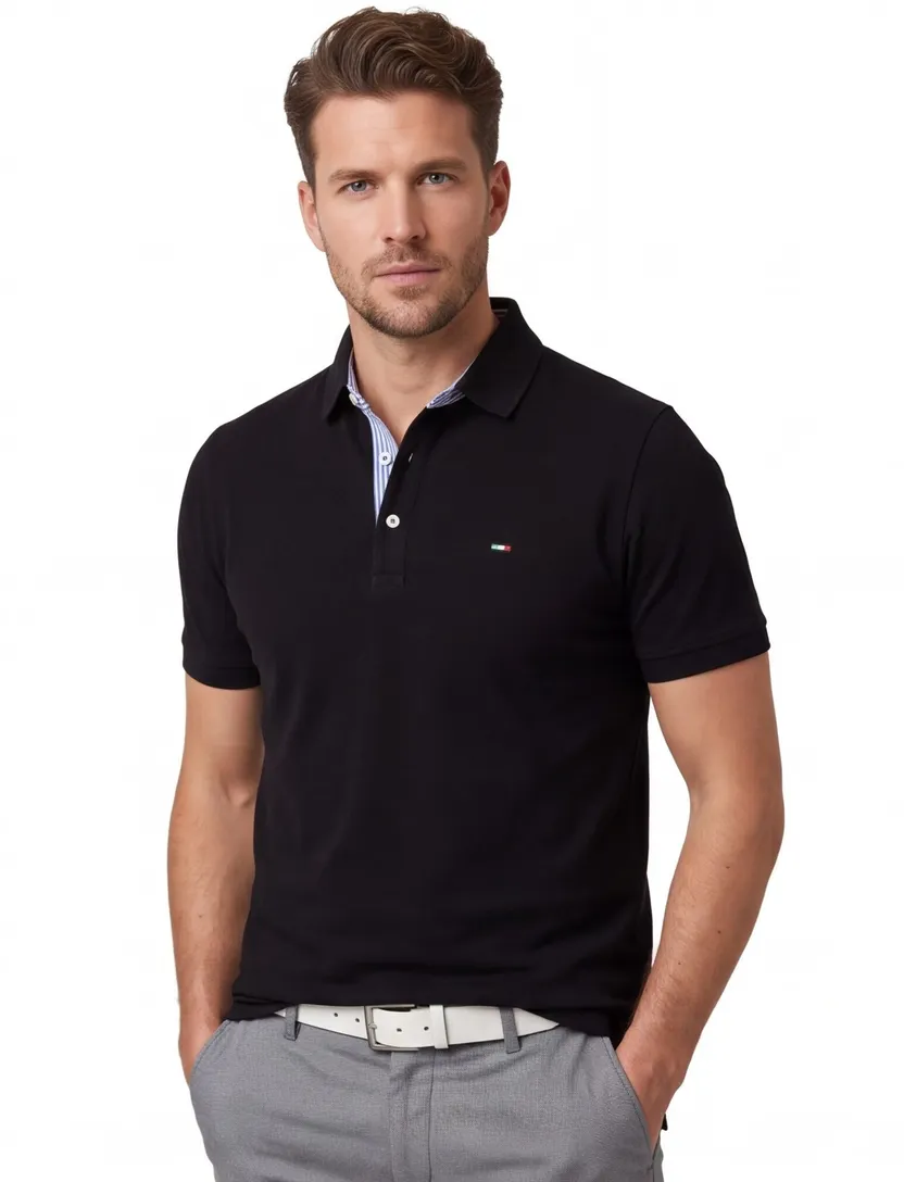 Poloshirt korte mouw Portofino zwart 3 knoops pique