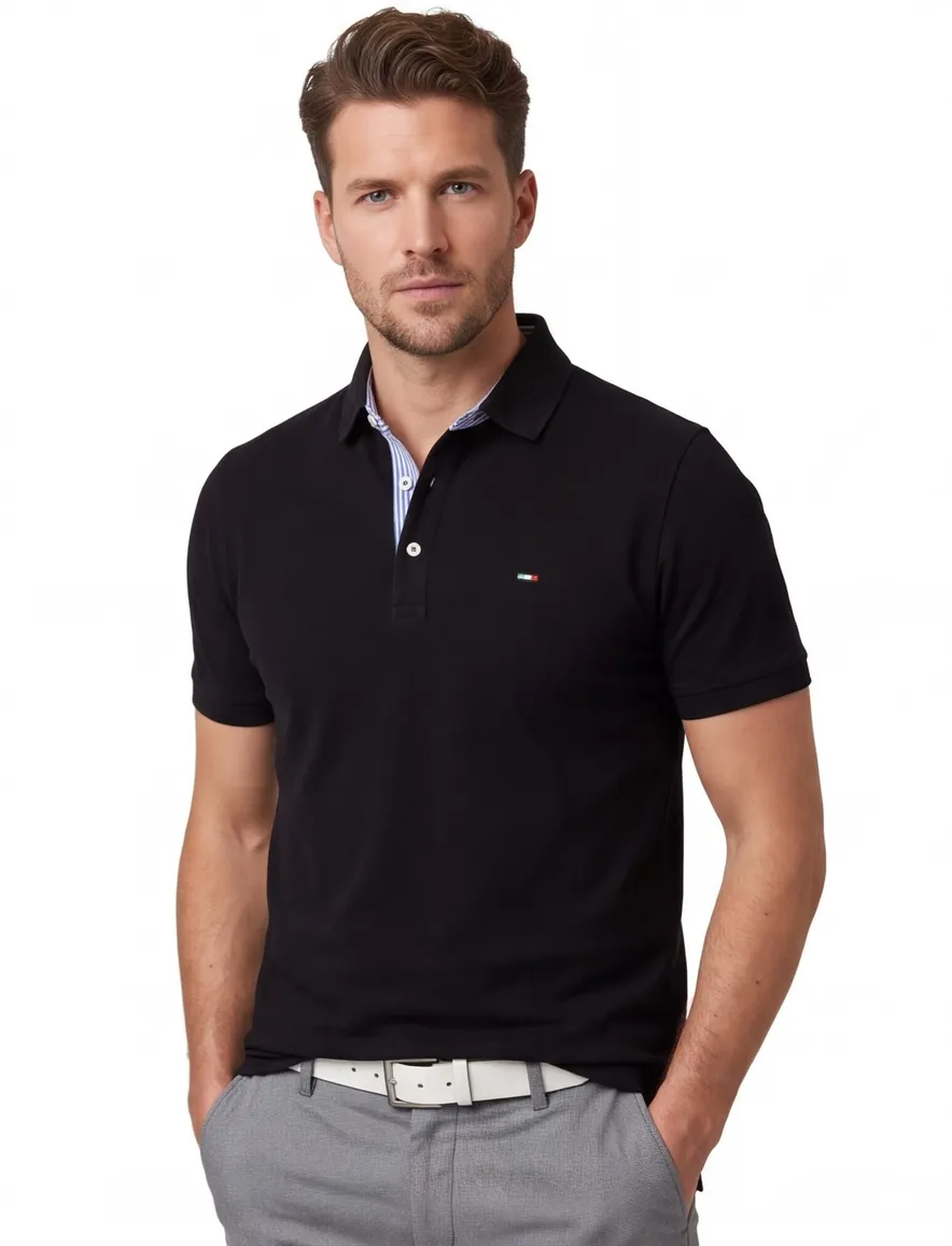 Poloshirt korte mouw zwart Portofino 3 knoops pique