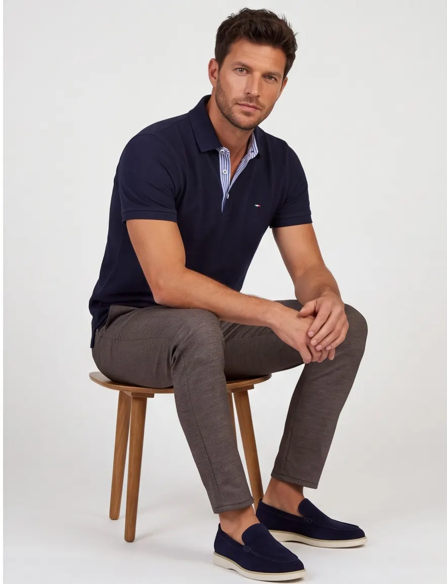 Portofino donkerblauw 3-knoops polo normale fit extra lang