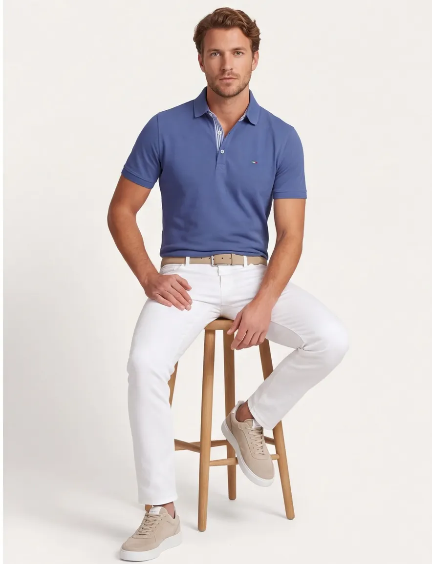 Portofino polo blauw 3 knopen korte mouw extra lang