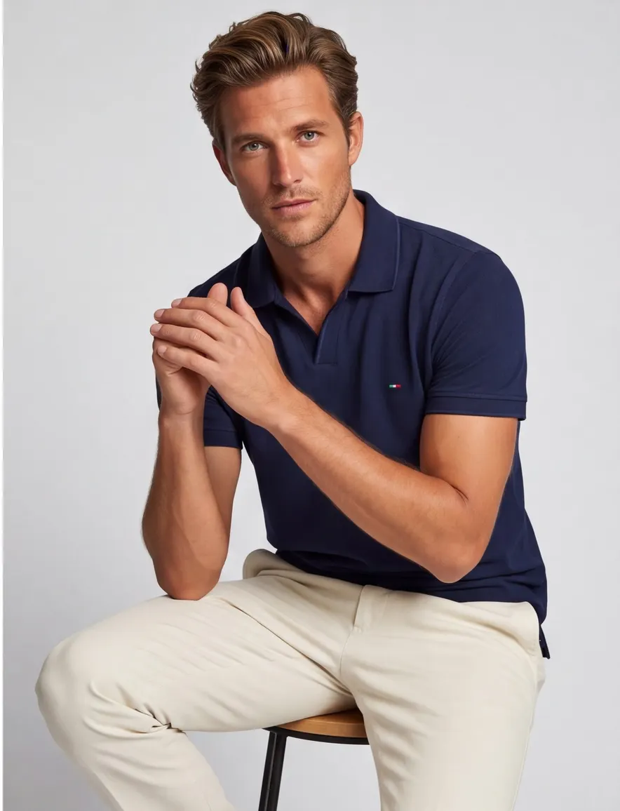 V-hals poloshirt Portofino donkerblauw pique