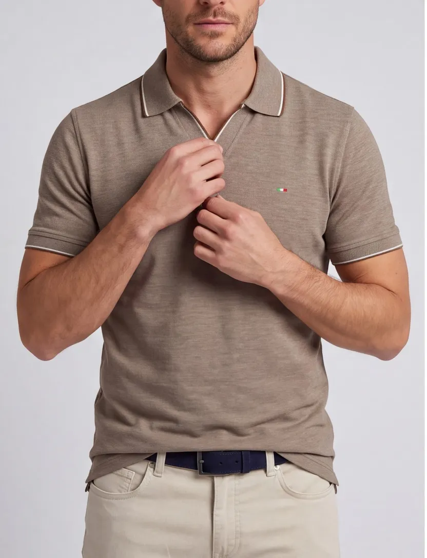 Poloshirt Portofino v-hals bruin pique normale fit