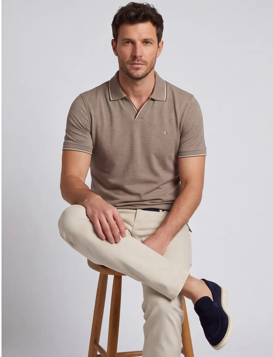 Portofino poloshirt v-hals bruin gemeleerd pique