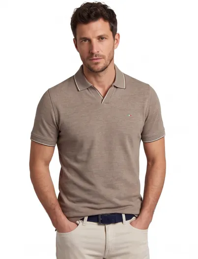 Portofino Portofino poloshirt v-hals bruin gemeleerd pique