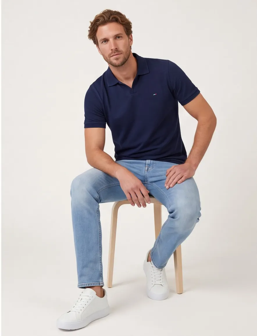Donkerblauwe polo Portofino v-hals korte mouw extra lang
