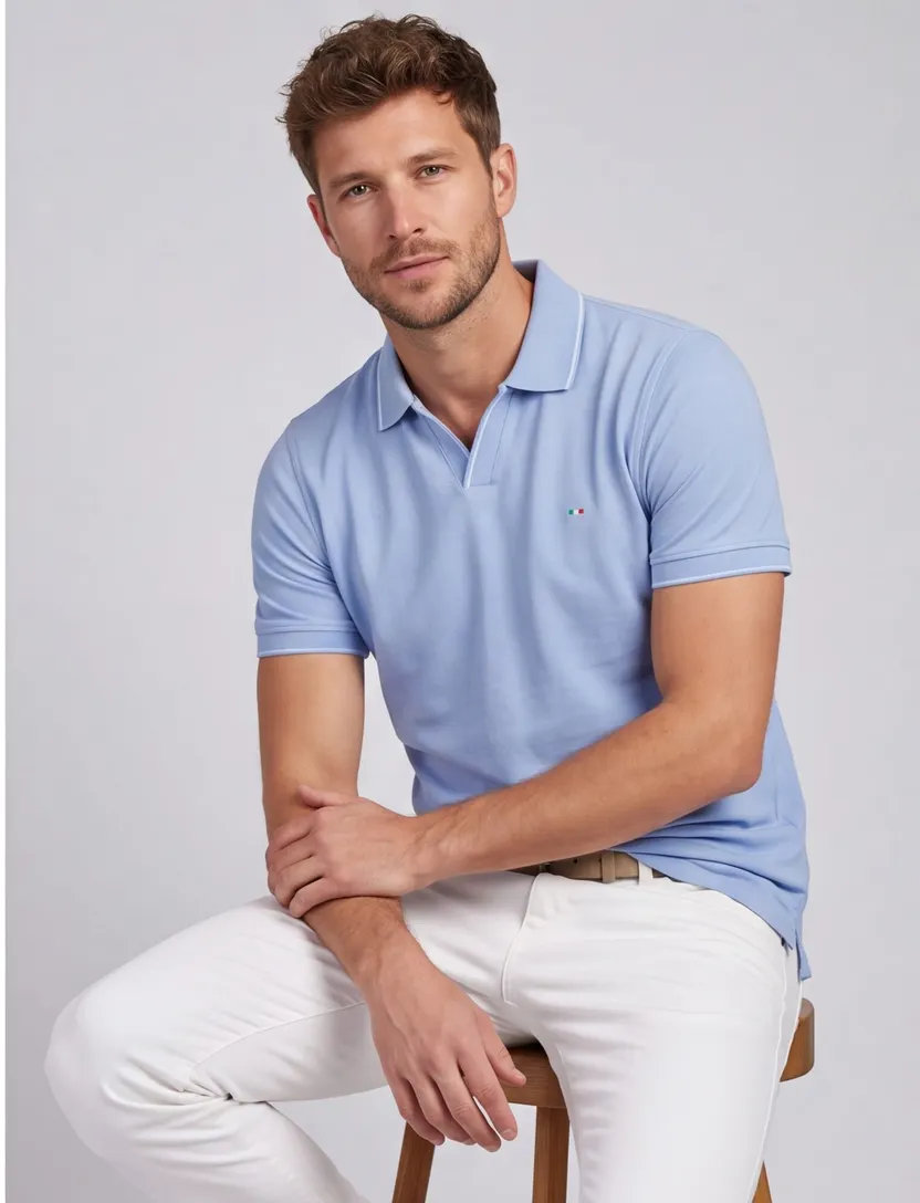 Polo v-hals Portofino lichtblauw extra lang fit korte mouw
