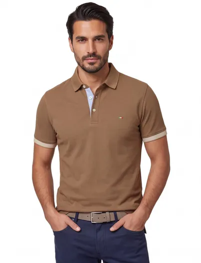Portofino Polo Portofino pique normale fit bruin korte mouw