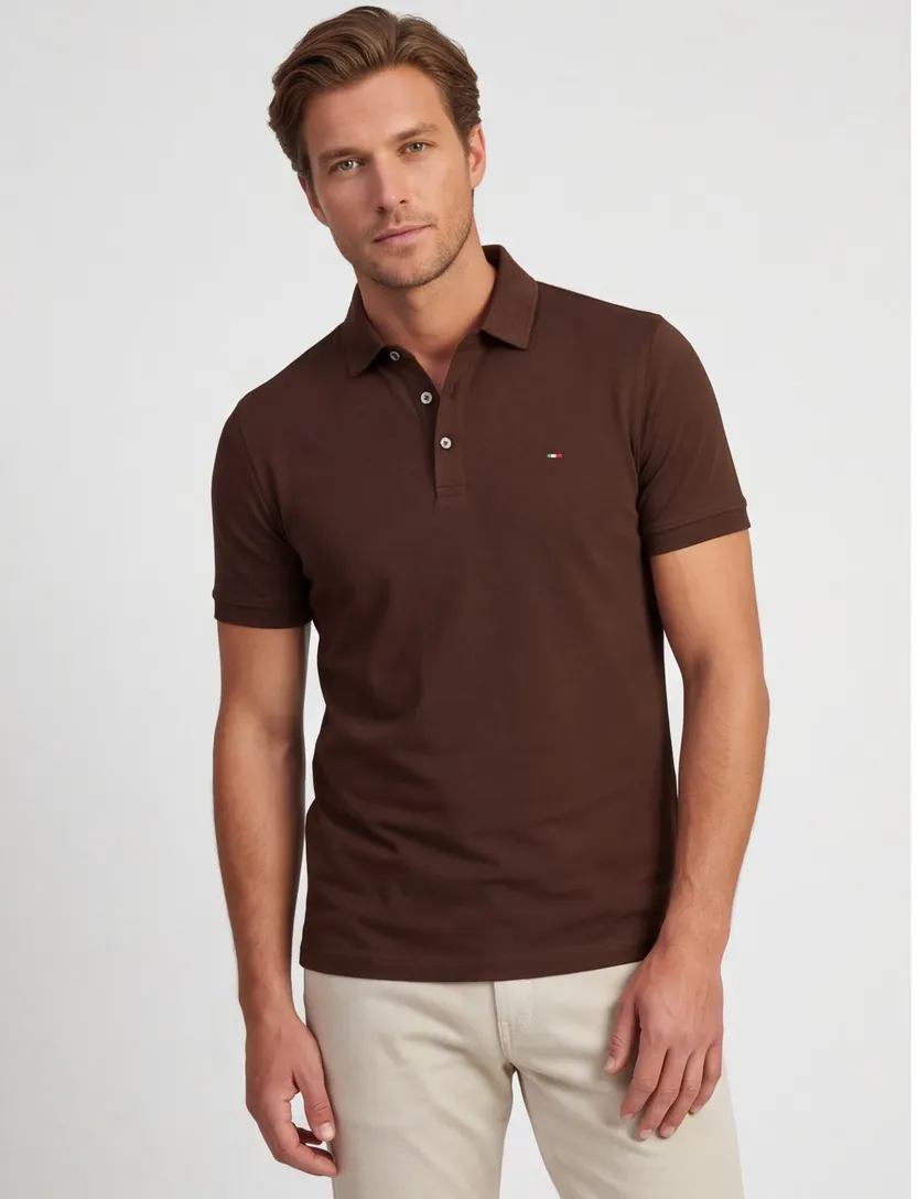 Poloshirt Portofino bruin 3 knoops normale fit extra lang