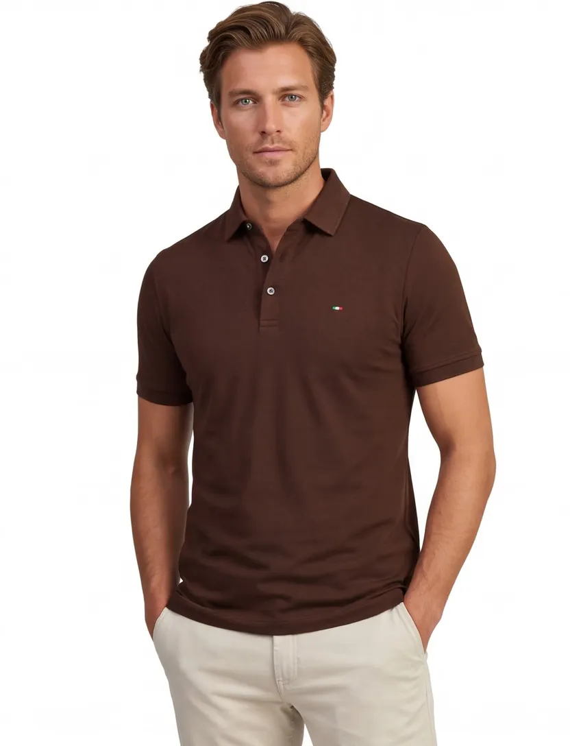 Poloshirt Portofino bruin 3 knoops normale fit extra lang