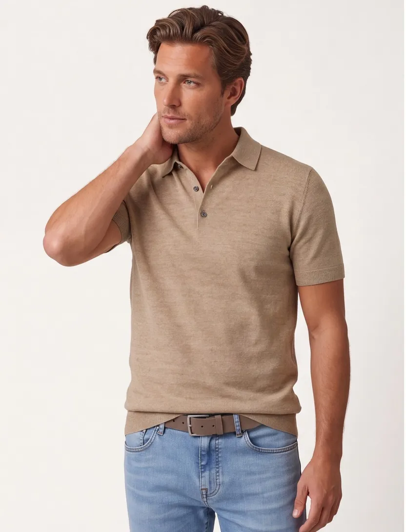 Portofino poloshirt beige gemêleerd katoen wijde fit