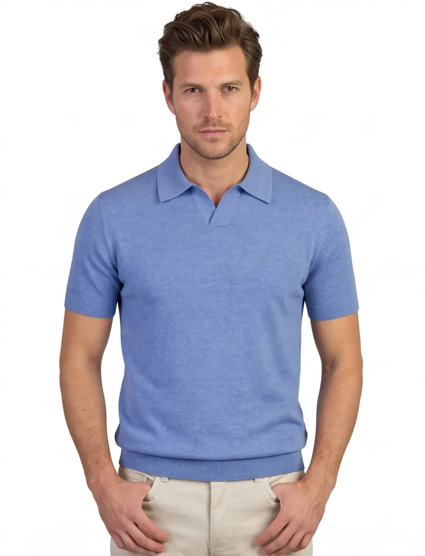 Poloshirt Portofino blauw gemêleerd V-hals katoen