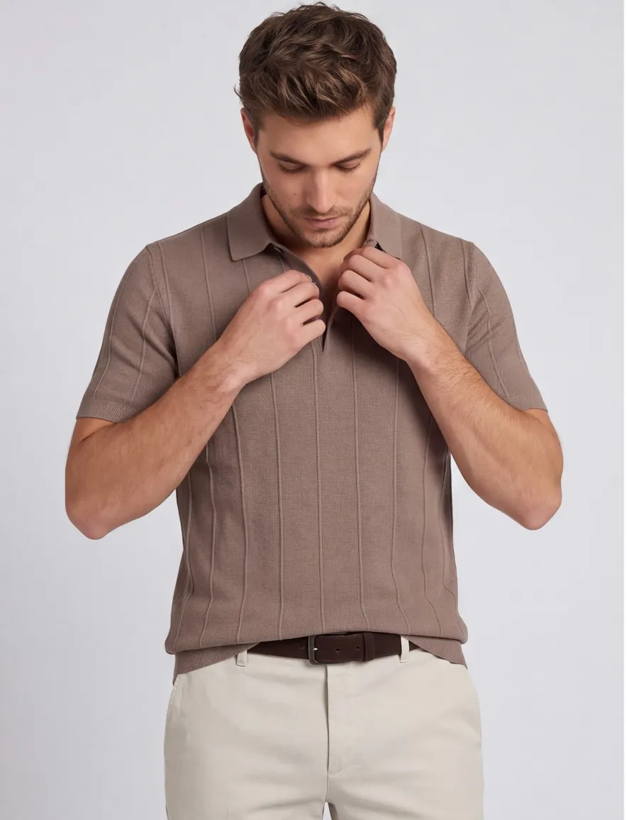 Polo extra lang Portofino taupe gestreepte textuur korte mouw