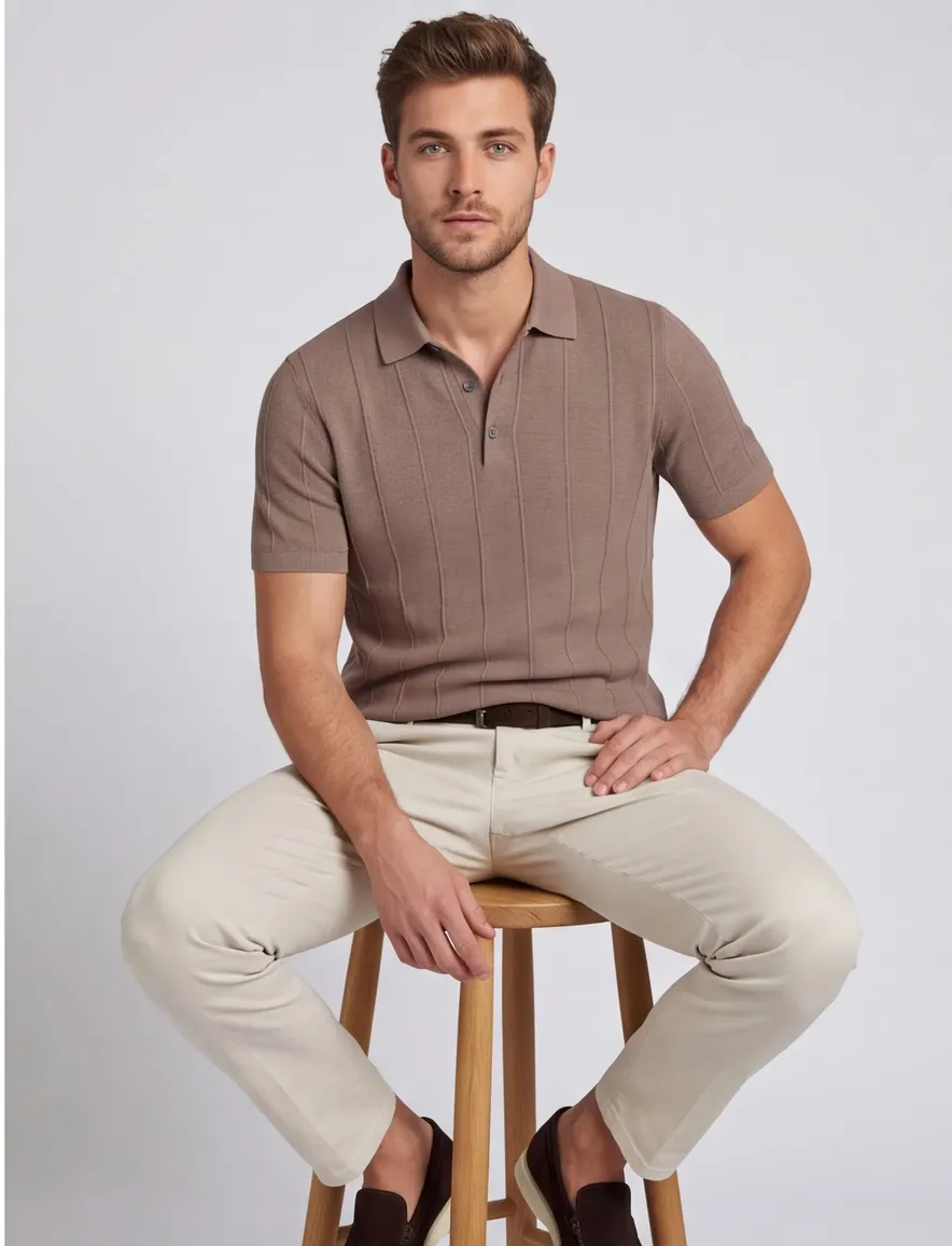 Polo extra lang Portofino taupe gestreepte textuur korte mouw