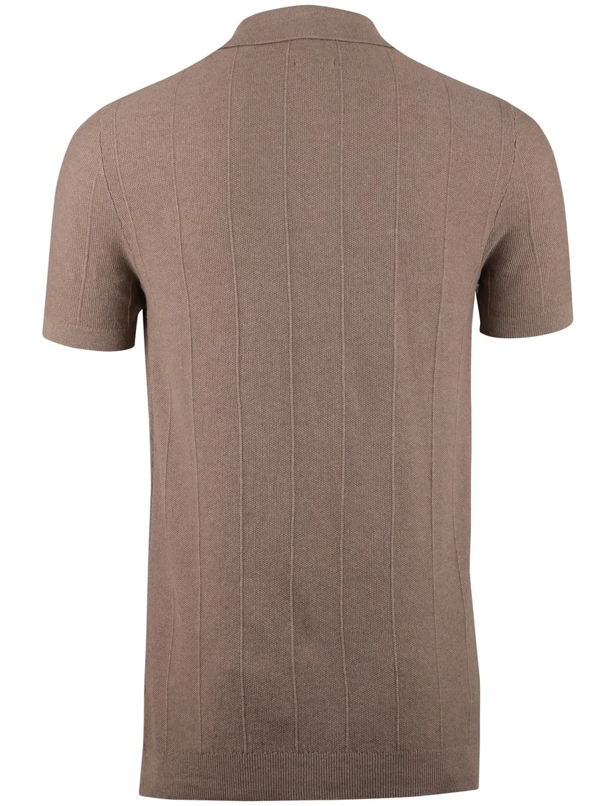 Polo extra lang Portofino taupe gestreepte textuur korte mouw