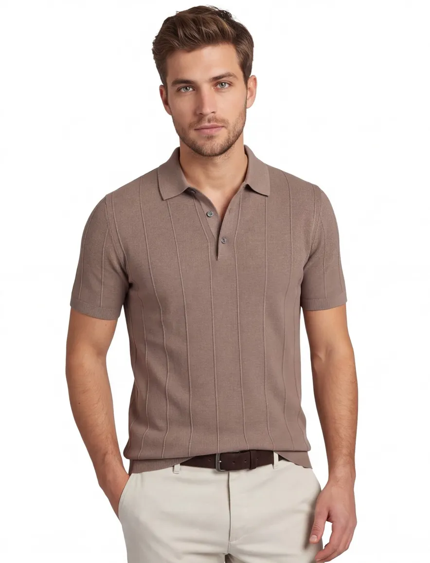 Polo extra lang Portofino taupe gestreepte textuur korte mouw