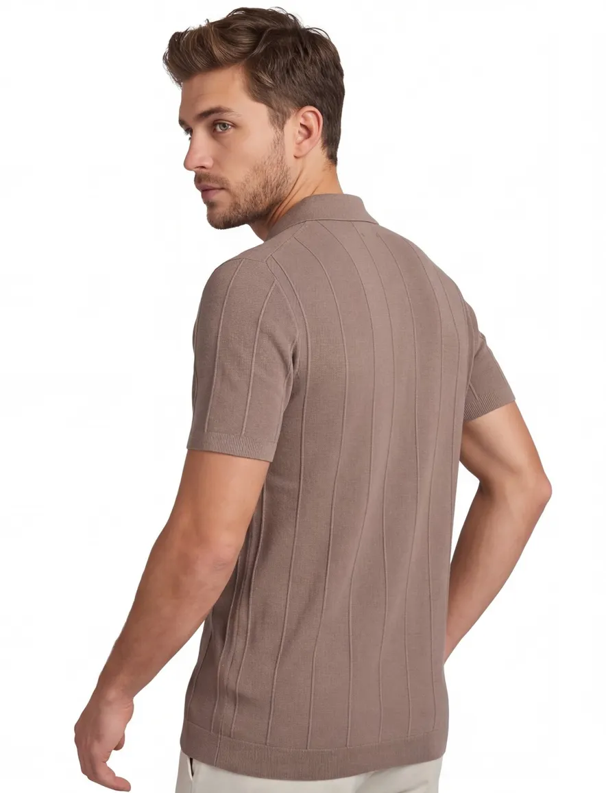 Polo extra lang Portofino taupe gestreepte textuur korte mouw