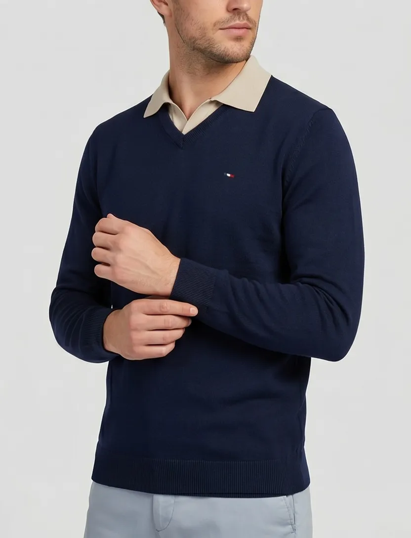 V-hals trui Portofino navy katoen
