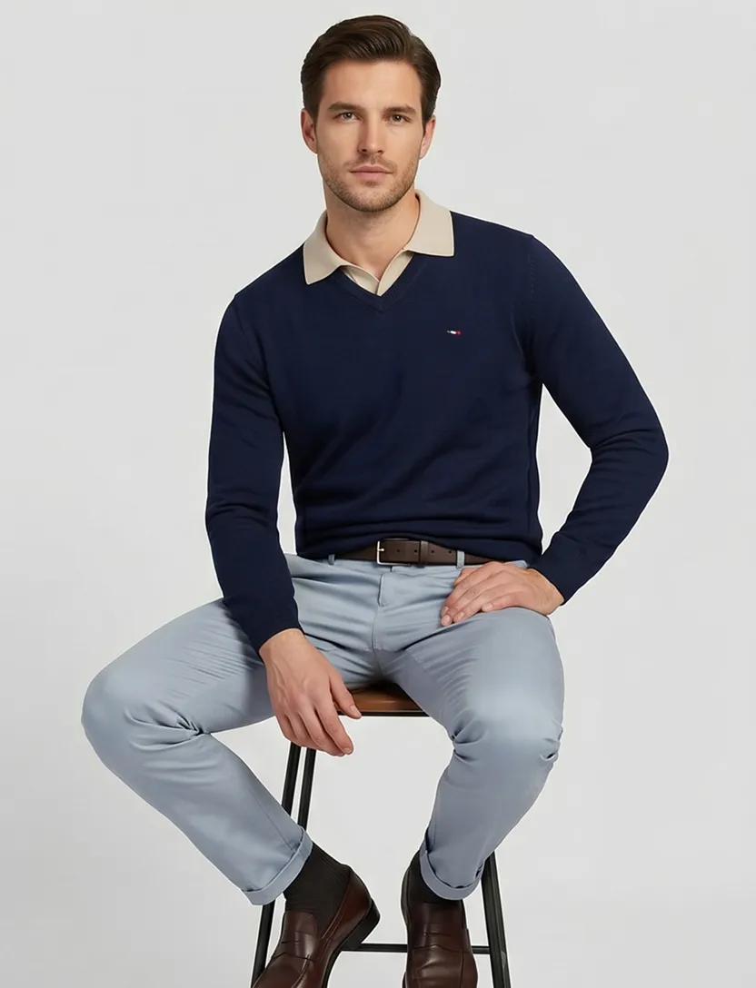 V-hals trui Portofino navy katoen