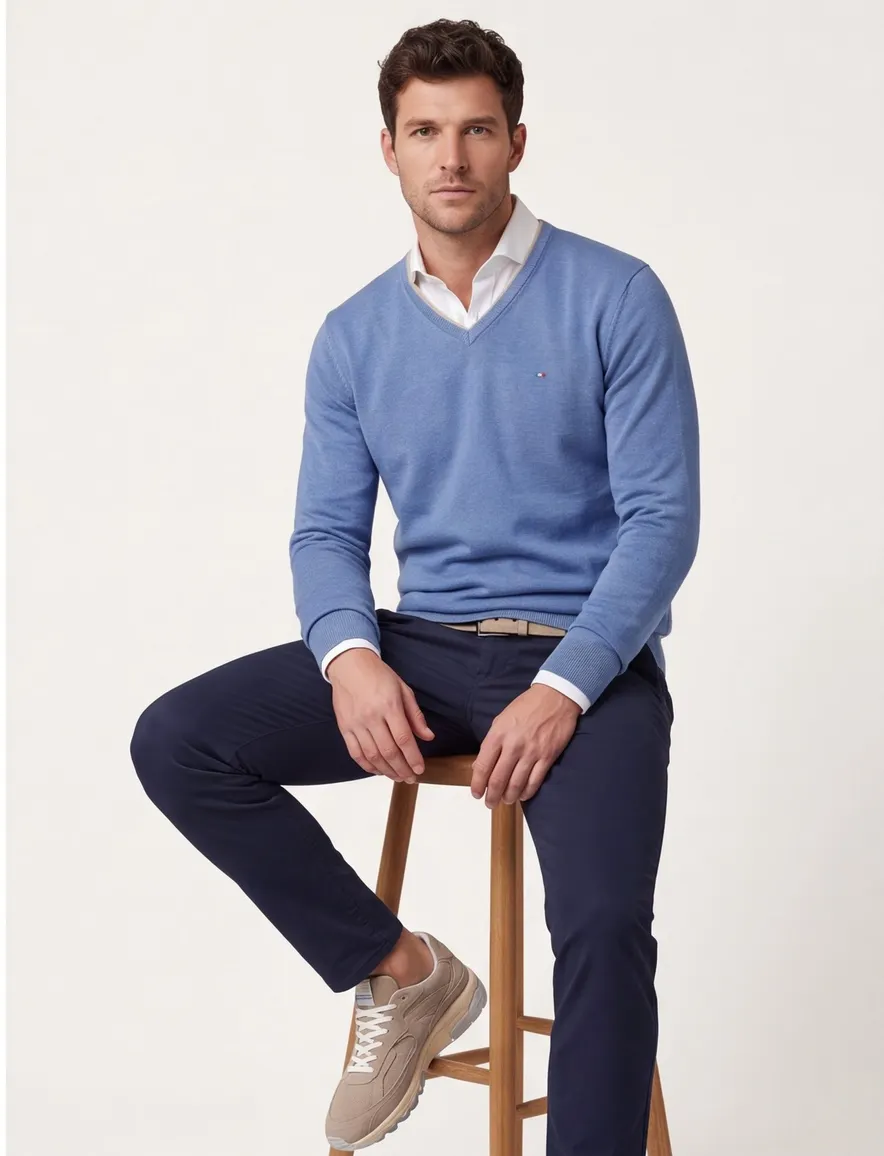 Portofino trui v-hals blauw katoen