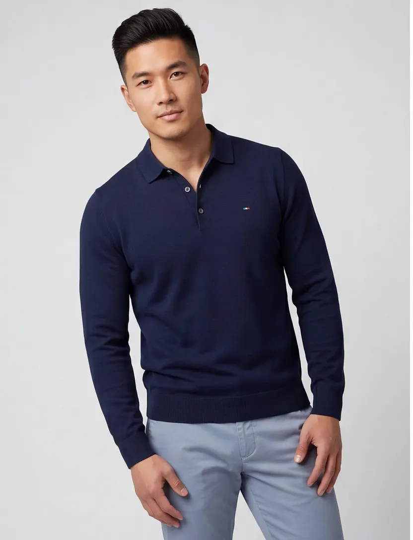 Navy polo Portofino 3 knoops lange mouw