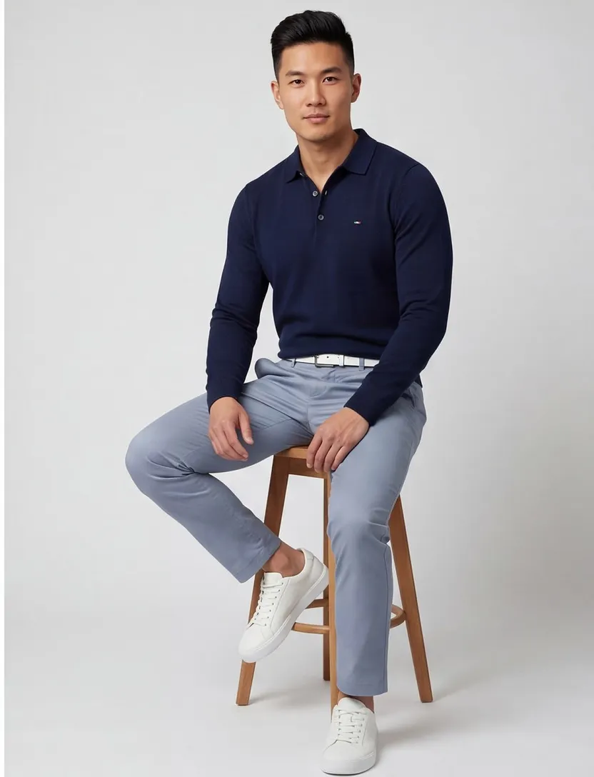 Navy polo Portofino 3 knoops lange mouw
