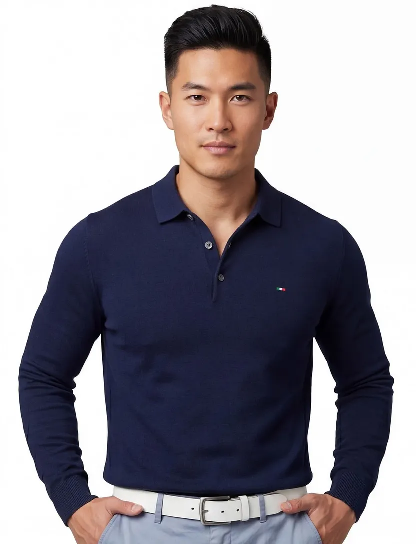 Navy polo Portofino 3 knoops lange mouw