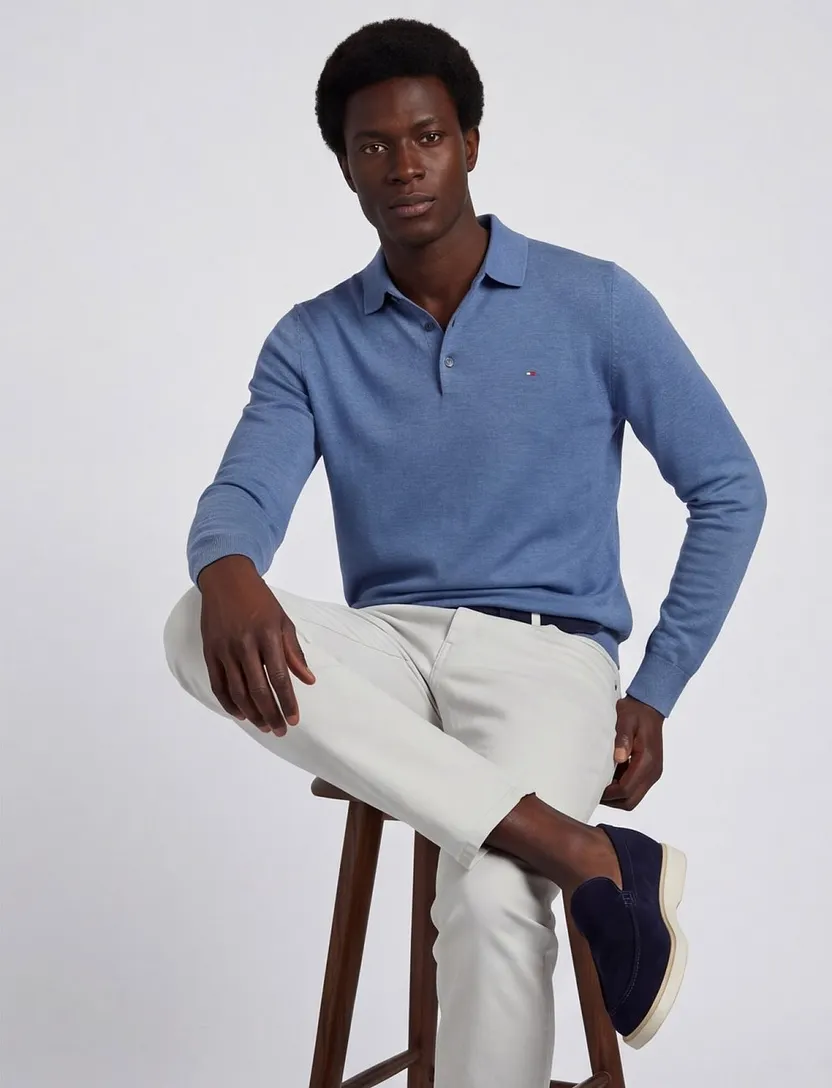 Polo lange mouw Portofino 3 knoops blauw