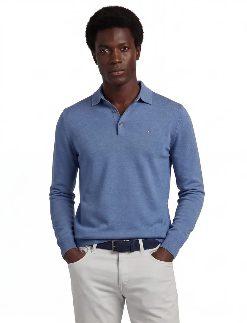 Polo lange mouw Portofino 3 knoops blauw