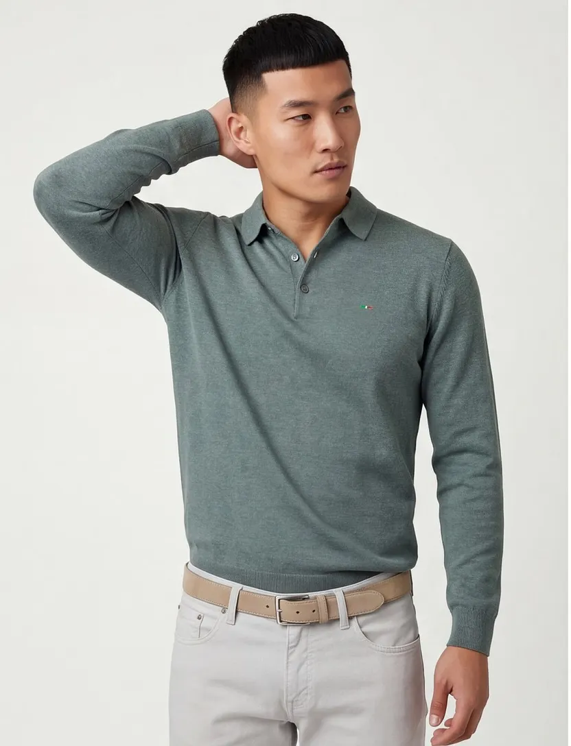 Groene polo lange mouw Portofino 3 knoops sluiting