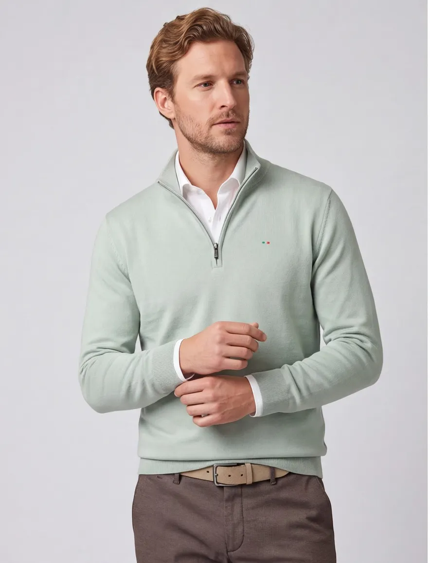 lichtgroene trui Portofino 100% katoen half zip