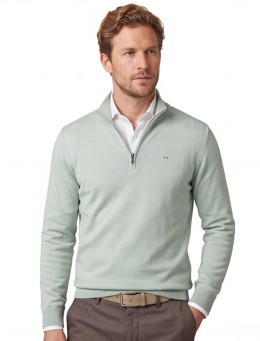 lichtgroene trui Portofino 100% katoen half zip