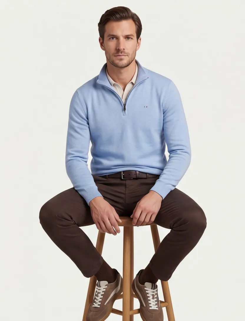 trui Portofino half zip lichtblauw normale fit zwarte rits