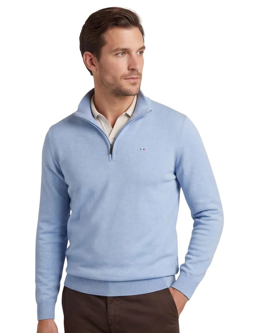 trui Portofino half zip lichtblauw normale fit zwarte rits
