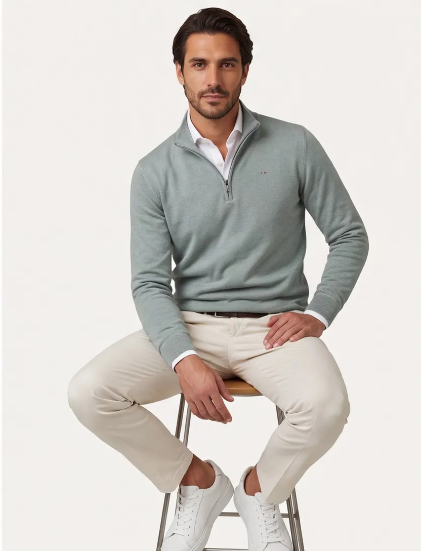trui Portofino half zip groen grijze rits normale fit