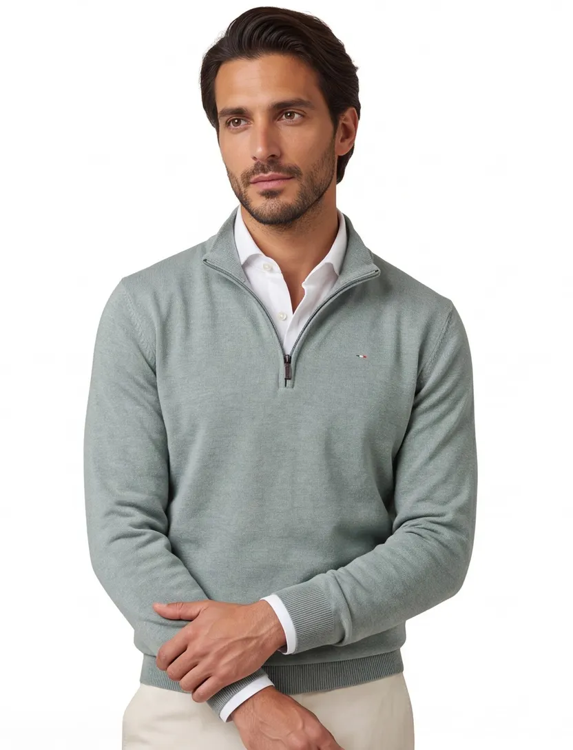 trui Portofino half zip groen grijze rits normale fit