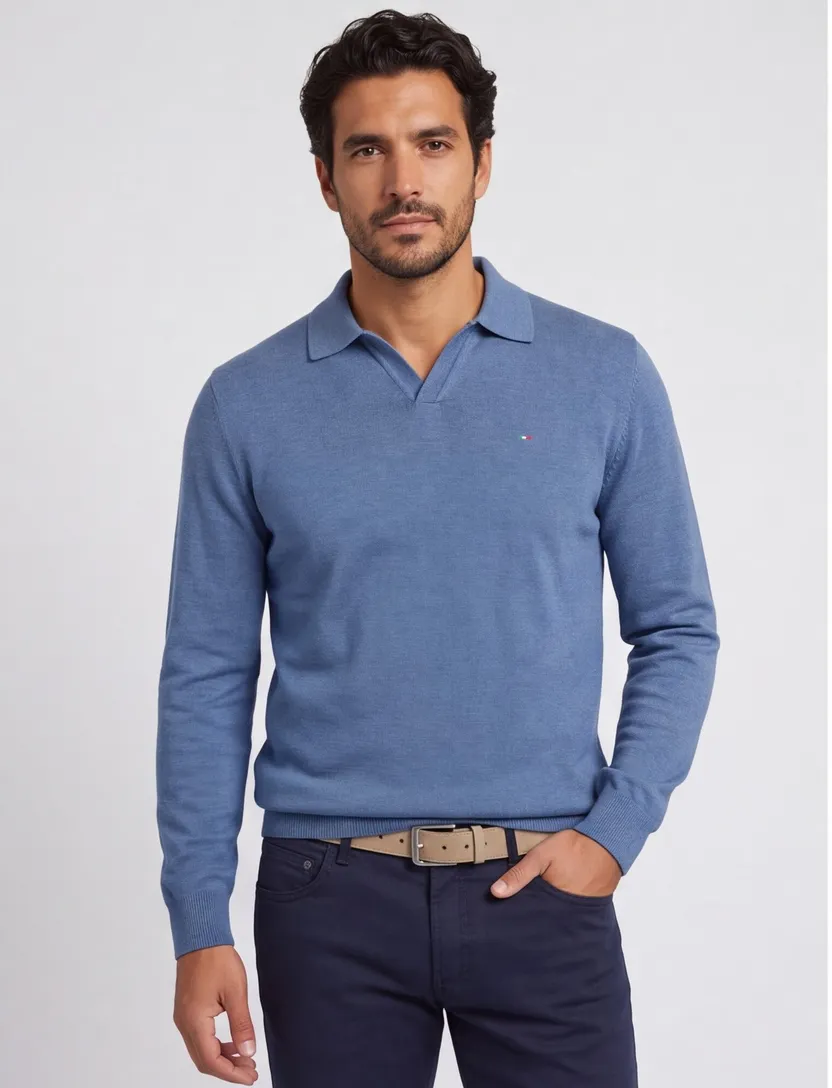 Gemeleerde trui v-hals blauw katoen
