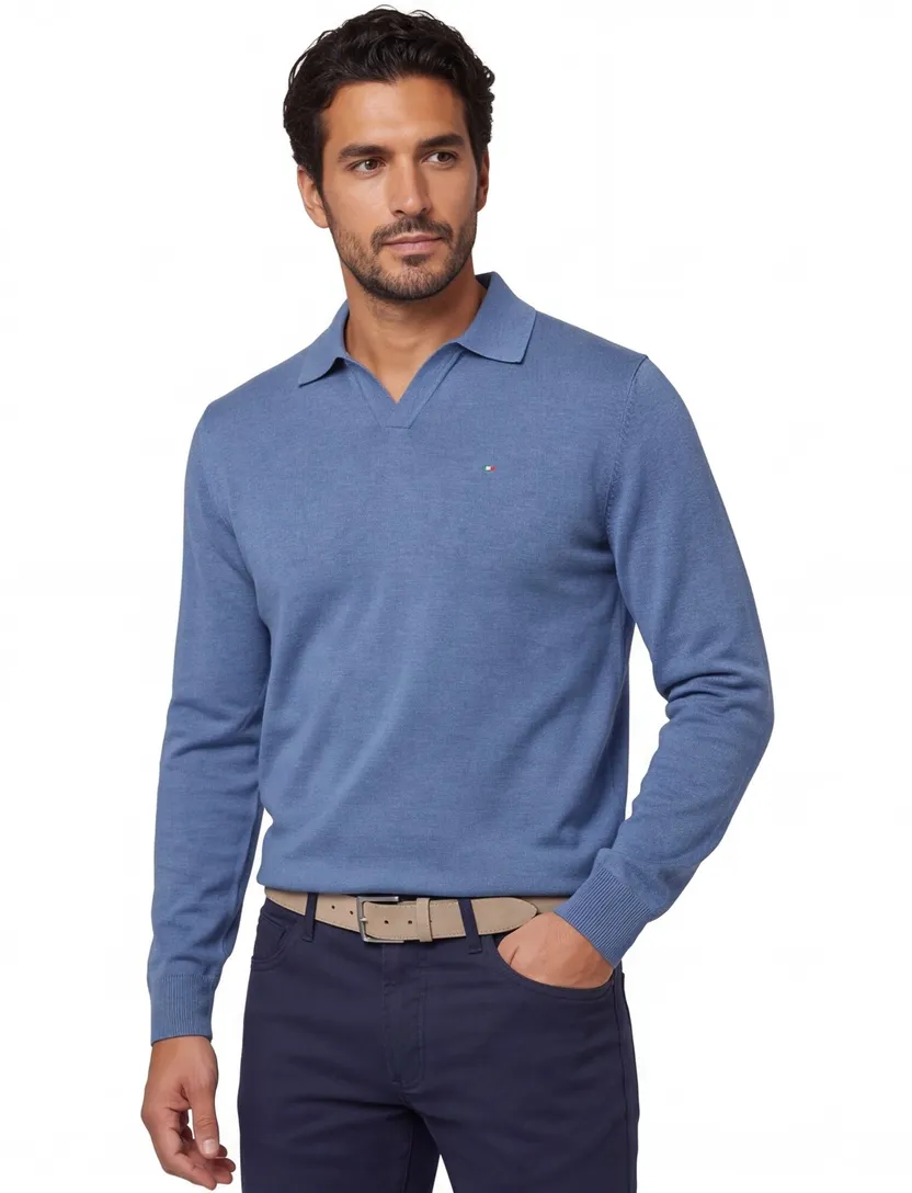 Gemeleerde trui v-hals blauw katoen
