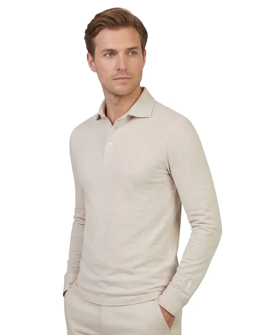 Beige gemeleerde Cavallaro poloshirt lange mouw 3 knoops