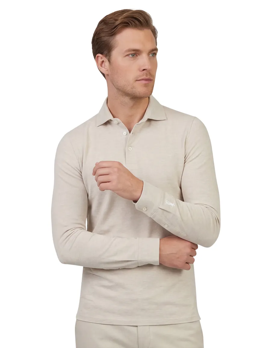 Poloshirt lange mouw Cavallaro beige gemeleerd 3 knoops