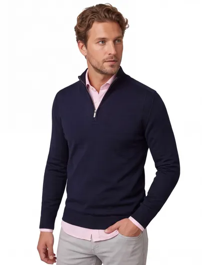 Cavallaro Cavallaro donkerblauwe heren trui met rits hals wol